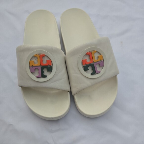 Tory Burch Shoes - Tory Burch Lina Rainbow Logo Slides Sandals Nappa Leather Ivory Women's 11M